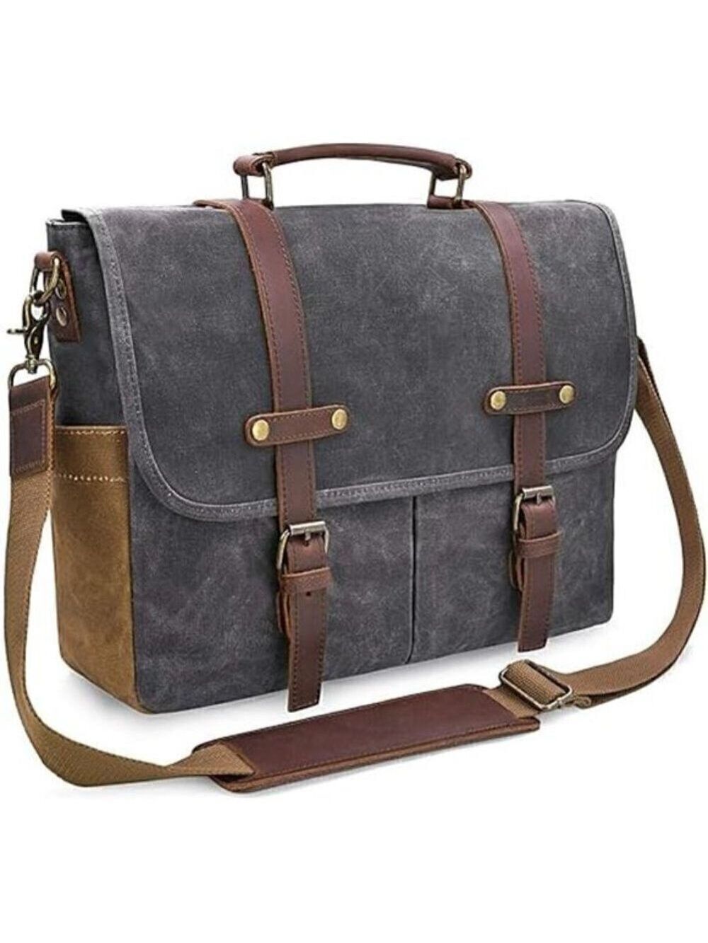 Messenger Bag Waterproof Vintage Genuine Leather Canvas Briefcase Laptop GRAY